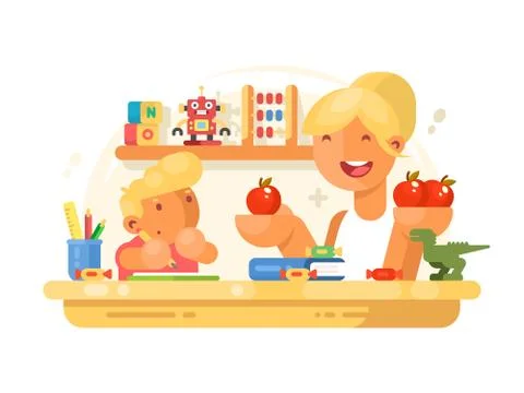 Mom helps son do homework Stock Illustration