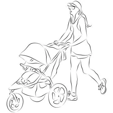 Mom pusing baby stroller Illustration