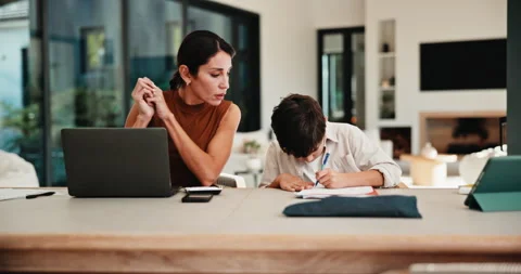 Mom, remote work and child with homework in home, multitasking or accountant Stock Footage 335525851