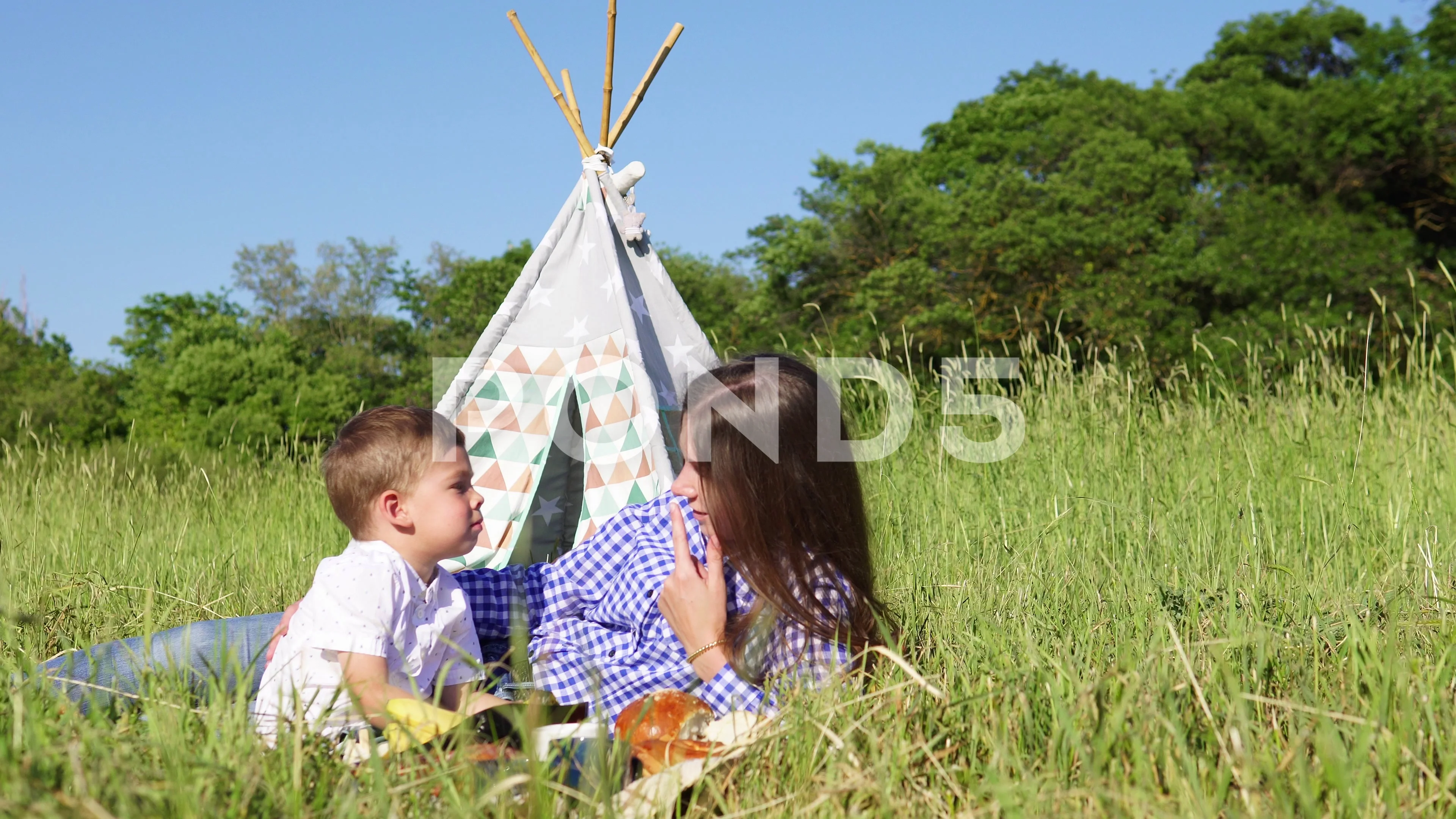 mom son eat at a picnic in the forest