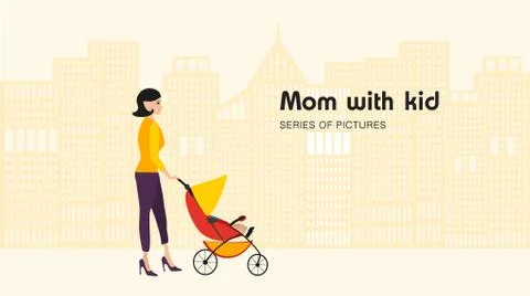Mom walk with strollers. Stock Illustration