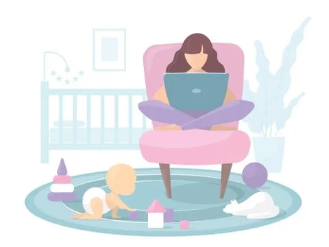 Mom working from home at the computer. Illustrazione stock