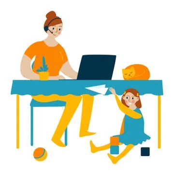 Mom works on the computer. Illustrazione stock