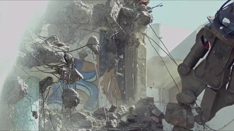 The Moment When the Walls of the Old Building Were Demolished by an Excavato Stock Footage 305716622