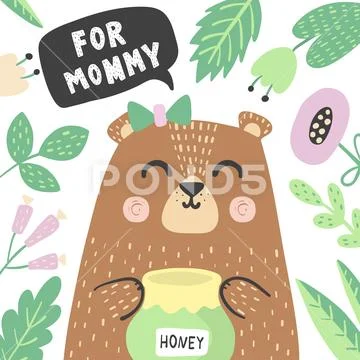 For mommy print with super cute baby bear Stock Illustration