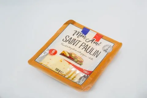 Mon Ami Saint Paulin Chilli cheese slices package on white. Stock Photos