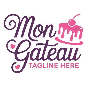 Mon Gateau cake logo with cherry and hearts vector Stock Illustration
