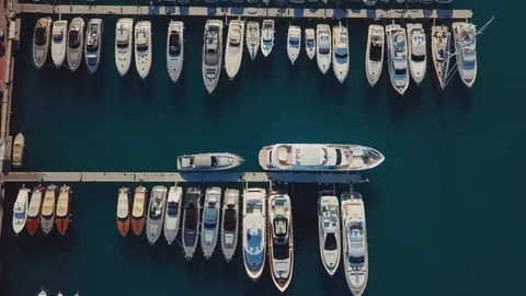 Monaco - 2018: Aerial Drone Monte Carlo Boats parking Stock Footage 103815134