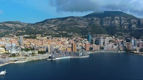Monaco Coastline Mareterra Tour Odeon Aerial View Mont Agel Mediterranean Sea Video stock 334854519