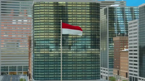 Monaco Flag 3D Render Animation on Pole with Modern Business District Buildi Stock Footage 332878849