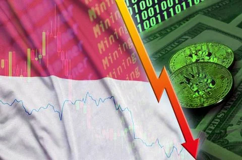 Monaco flag and cryptocurrency falling trend with two bitcoins on dollar bill Foto stock