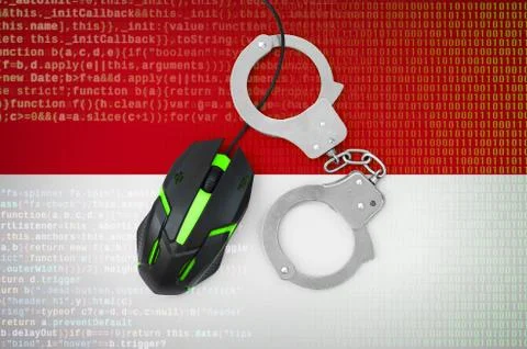 Monaco flag  and handcuffed computer mouse. Combating computer crime, hackers Stock-Fotos