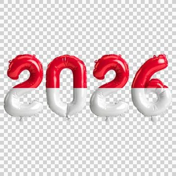 Monaco flag colors 2026 3d illustration, balloon numbers 3d rendering on tr.. Stock Illustration