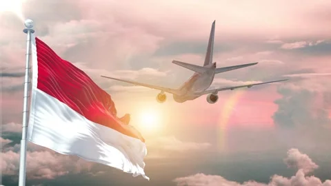 Monaco flag Waving Realistic With Sky Plane Takes Off At Sunrise Stock Footage 295288094