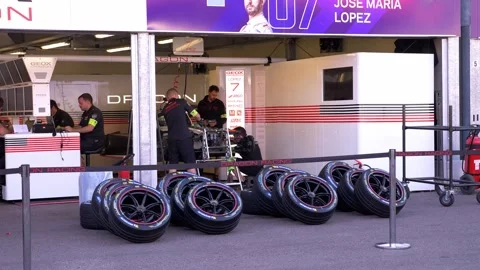 Monaco Formula E Pit Garage With Racing Tires 4K Stockbeeldmateriaal 335271028