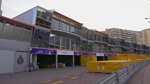 Monaco Formula One Pit Lane Garages With Racing Barriers Monte Carlo 4K Vídeos de archivo 331795464