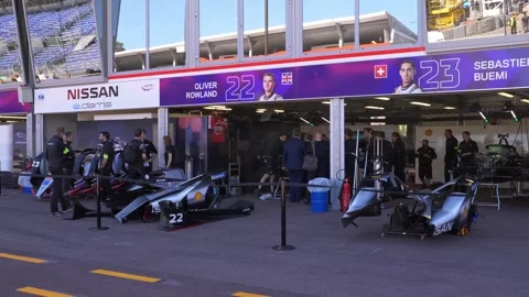 Monaco Grand Prix Pit Lane and Nissan Race Team Garage 4K 스톡 동영상 343629704
