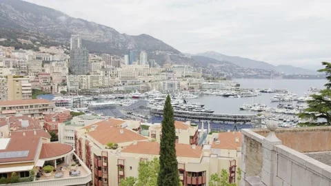 Monaco harbor and Monte Carlo cityscape from above Stock Footage 239840664
