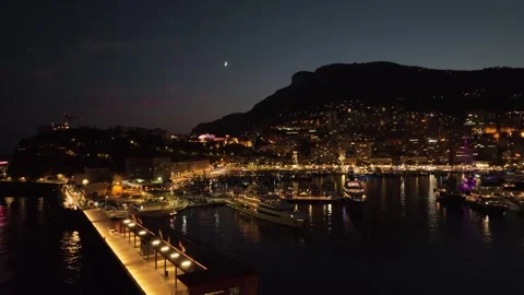 Monaco harbor superyachts under moonlit sky Video stock 291153696