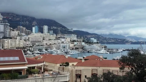 Monaco Harbor View - Coastal Cityscape Under Overcast Sky Stock Footage 329552196