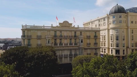Monaco Monte Carlo 1/04/2018: Aerial Drone Hotel HERMITAGE Stock Footage