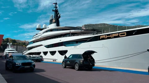 Monaco, Monte Carlo, 28 September 2022 - Few luxury mega yachts at the famous Stock Footage 259513904