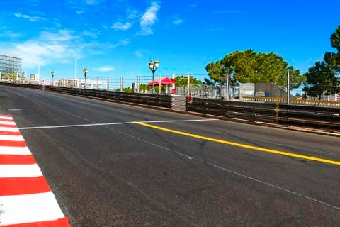 Monaco, Monte Carlo. Sainte Devote straight race asphalt, Grand Prix circuit Stock Photos