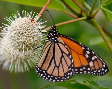 Monarch nectaring on a Buttonbush flower Stock Photos