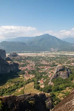 Monasteries built on cliffs, Meteora on a hot summer day, Greece Stock Photos