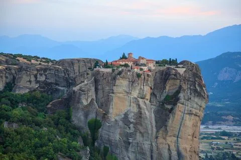 Monasteries perched on towering cliffs in Meteora Stock Photos