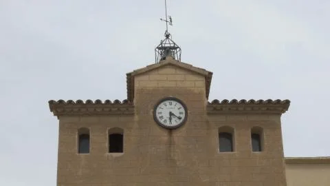 Monasterio Poblet exterior clock tower reloj torre zoom Stock Photos