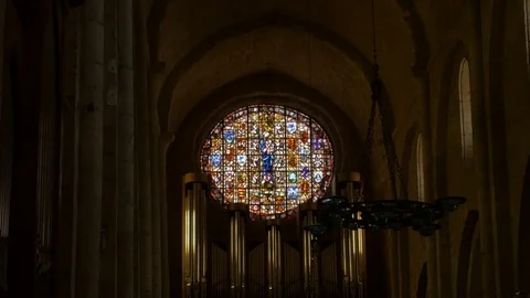 Monasterio Poblet stained glass window organ interior metal Stock Footage 116534853
