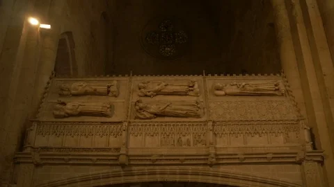 Monasterio Poblet tombs kings old coffin restored marble Stock Footage 116534861