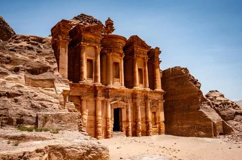 The Monastery Ad Deir Ancient Rock Cut Facade Carved Sandstone at Petra Jorda Stock Photos