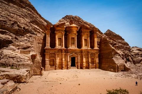 The Monastery Ad Deir Facade Carved into Sandstone Cliffs at Petra Jordan Stock Photos