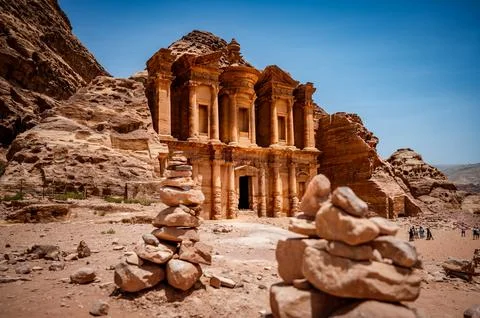 The Monastery Ad Deir with Stone Cairns in at the Ancient City of Petra Jorda Фото