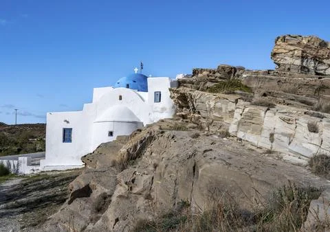 Monastery of Agios Ioannis Detis between rocks, Paros, Cyclades, Greece, Europe 스톡 사진