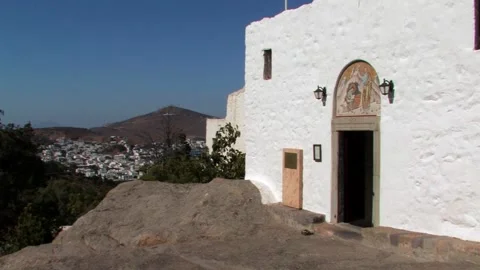 The monastery and the cave that Apostle John wrote the the Apocalypse Stock Footage 150807784