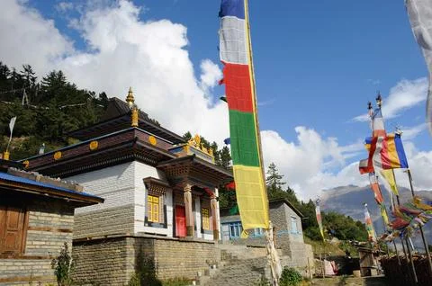 Monastery and holy flag in upper pisang, Nepal, Asia Stock Photos