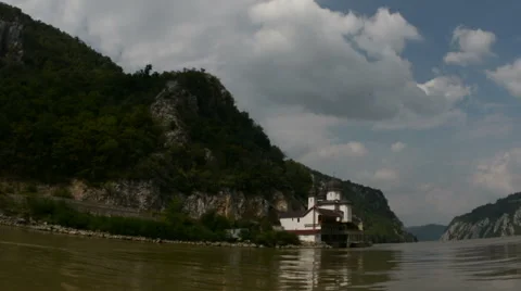 Monastery on the bank of Danube river passing by Stock Footage 43764261