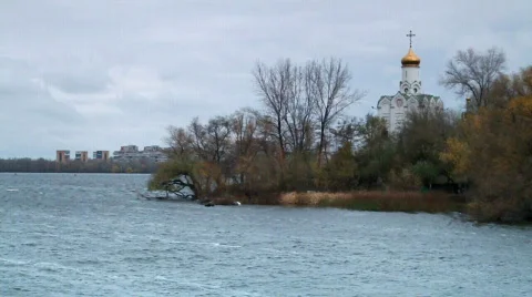 Monastery on bank of river. Stock Footage