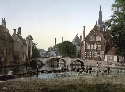 Monastery Bridge and the Tower of Notre Dame, Bruges, Belgium, ca 1895, Stock Illustration