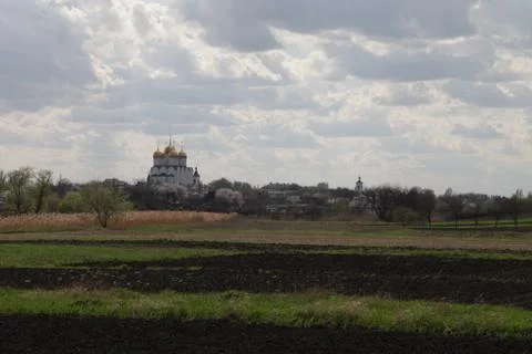 Monastery, Cathedral, domes, Orthodoxy, Spring, Nikolskoe, Donbass Stock Photos