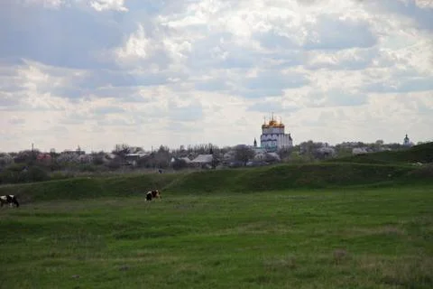 Monastery, Cathedral, domes, Orthodoxy, Spring, Nikolskoe, Donbass Stock Photos