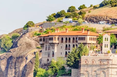 Monastery complex in Meteora mountains, Thessaly, Greece. UNESCO World Herita Stock Photos