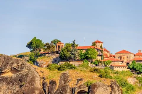 Monastery complex in Meteora mountains, Thessaly, Greece. UNESCO World Herita Stock Photos