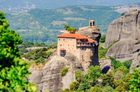 Monastery complex in Meteora mountains, Thessaly, Greece. UNESCO World Herita Stock Photos