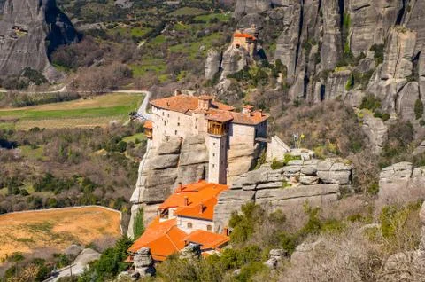 Monastery complex in Meteora mountains, Thessaly, Greece.  UNESCO World Herit Stock Photos