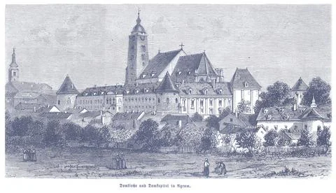Monastery complex with workers in the fields and distant village landscape Stock Illustration