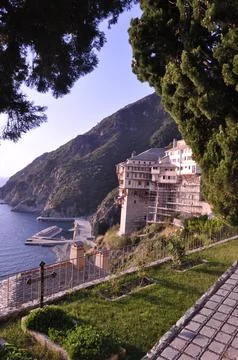 The Monastery of Dionysiou is a monastery built on Mount Athos Stock Photos